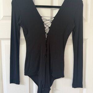 T by Alexander Wang Black Long Sleeve Lace-Up Deep V Bodysuit
